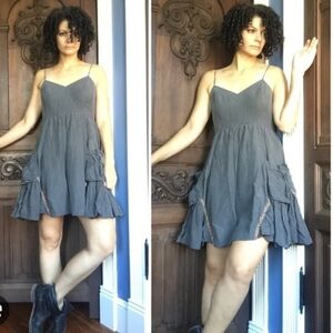 free people Grey silk linen blend Grunge summer dress cargo pockets Size 10